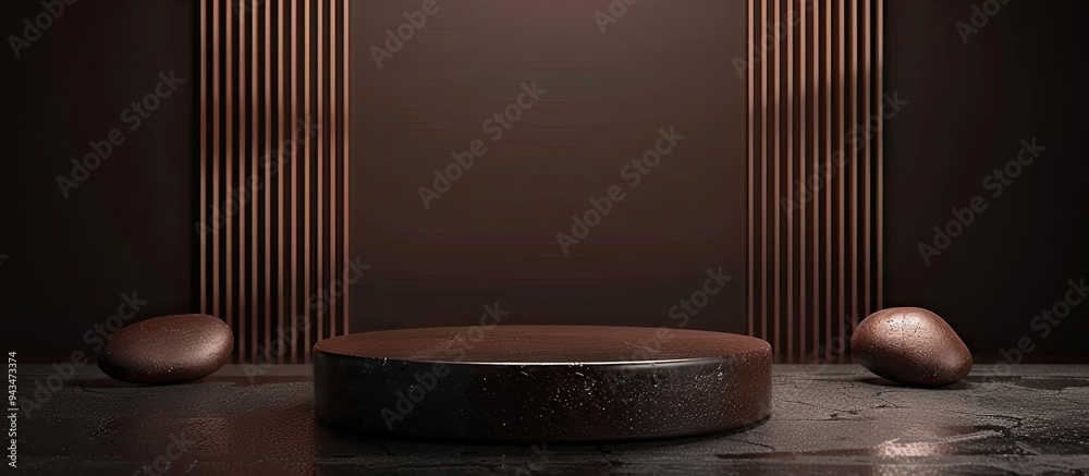 Aufkleber brown natural stones arranged on a dark backdrop create a striking podium with copy space image