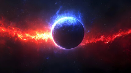 A blue and red nebula with a planet in the center.
