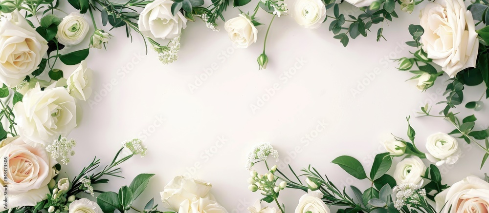 Poster white roses greenery and blossoms form an elegant floral border frame on a white background in this 