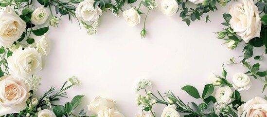 White roses greenery and blossoms form an elegant floral border frame on a white background in this nature themed design perfect for event mockups with copy space image