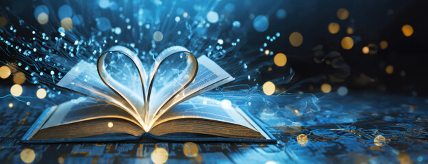 Open book with its pages forming a heart shape, surrounded by glowing blue digital lights and sparkles, blending technology and romance.