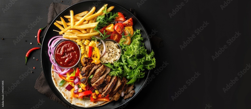 Poster Top down view of doner kebab or gyros served on a plate with fries veggies and salad on a black backdrop with ample copy space image