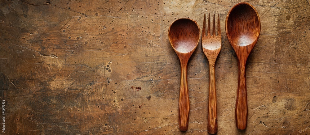 Fototapete wooden spoon and fork set displayed on a textured brown surface providing space for adding an image 
