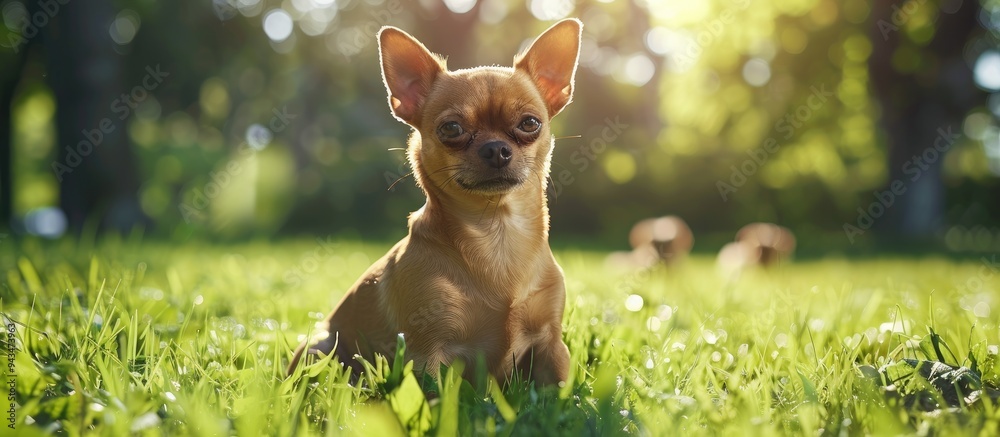 Poster a brown chihuahua sits on the lush green grass in a sunny summer park setting ideal for advertising 