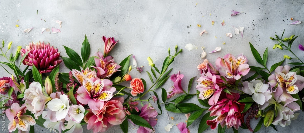 Poster A stunning floral arrangement featuring alstroemeria and peonies on a concrete backdrop The vivid petals and lush leaves form an elegant display with copy space in a top view banner