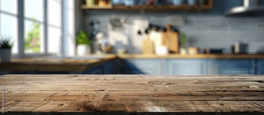 Poster Blurry kitchen background with table top and copy space image