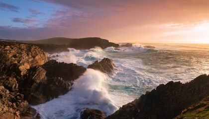 Obraz premium wild and rugged coastal landscape with crashing waves during sunset