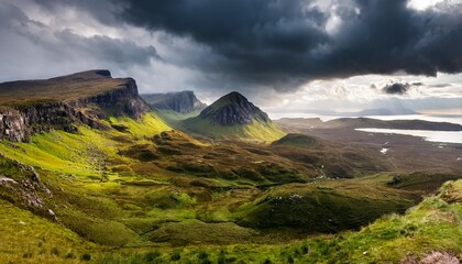 dramatic rainy clouds over scottish highlands in the isle of skye
