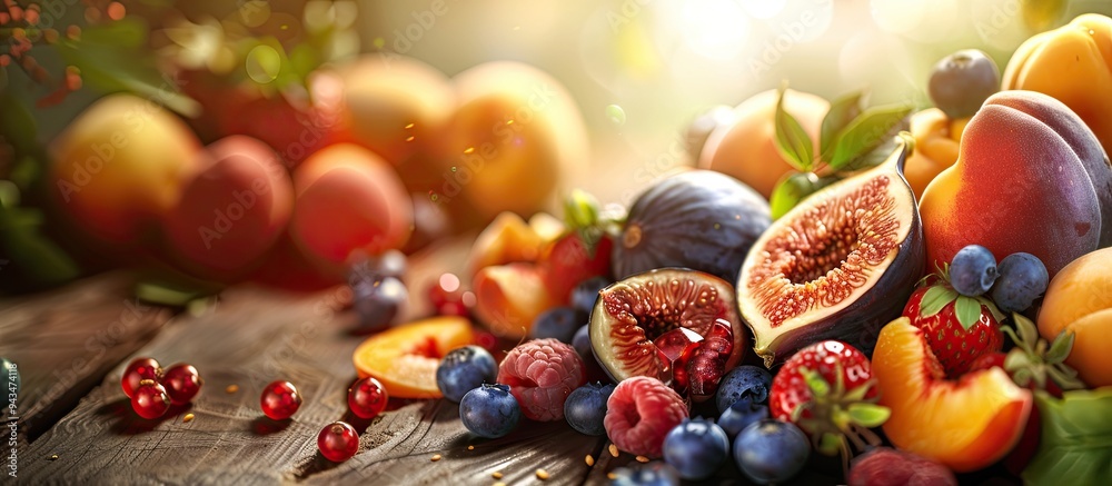 Poster close up view of fresh fruits like figs peaches apricots blueberries and strawberries arranged on a 