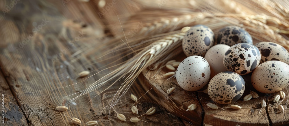 Poster Wooden background with a board displaying fresh quail eggs feathers and wheat allowing for copy space image