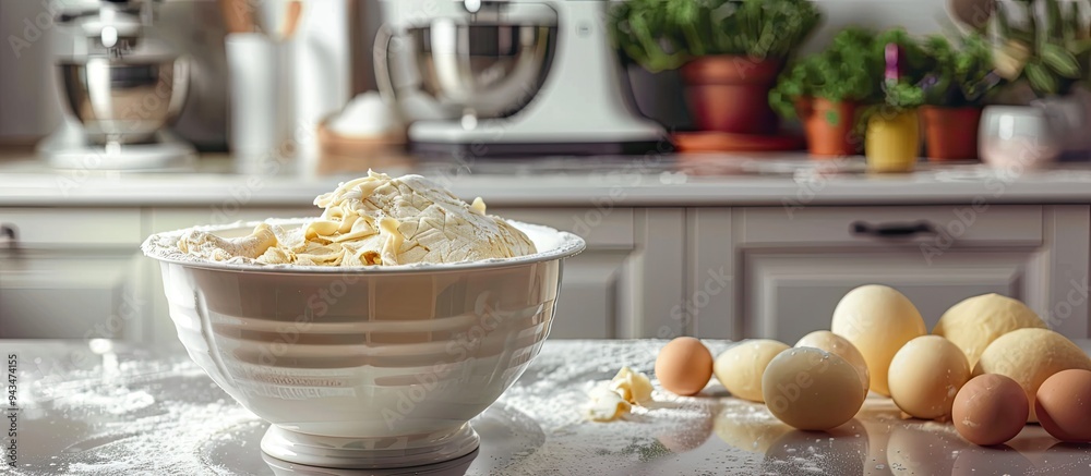 Aufkleber Preparing dough in stand mixer bowl on white tabletop with a copy space image available