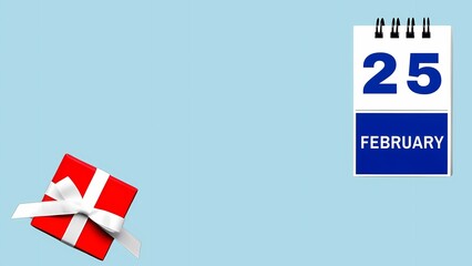 February 25 Calendar with Gift Box on Light Blue Background
