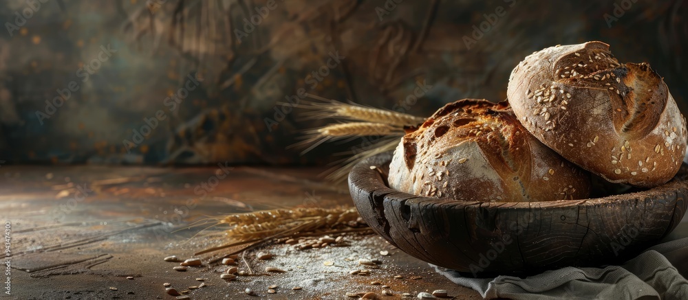 Poster Rustic setting with freshly baked bread perfect for a copy space image