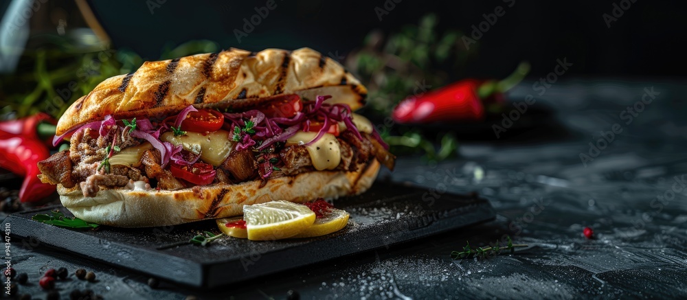 Poster Turkish street food sandwich with cheese and meat served on a black griddle with a side of lemon creating a delicious visual with copy space image