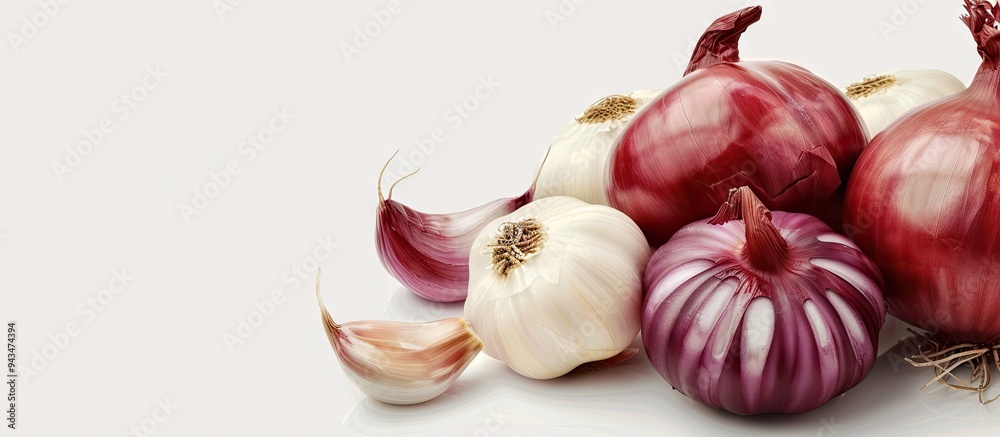 Poster Isolated on a white backdrop garlic Allium Sativum and red onion Allium cepa L are present in the image with copy space