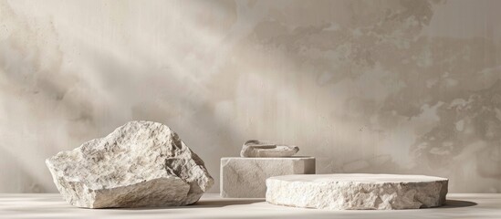 Stone podiums on a neutral beige gray studio background with two rock forms for showcasing cosmetic products creating an abstract minimalist scene with a trendy vibe and copy space image