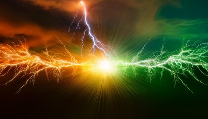 orange and green lightning hitting each other colorful lightning forcce of nature