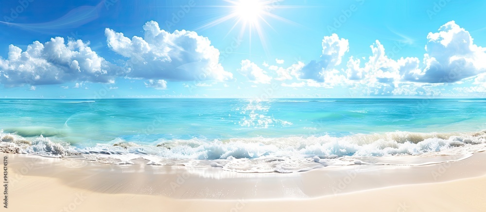 Poster panoramic beach view with a sandy beach and sunny skies the tropical beach is empty offering a seasc