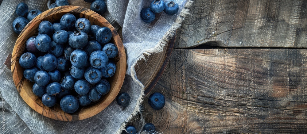 Aufkleber Top view close up of blueberries displayed on a wooden plate against a rustic cloth background with a blank space for text in the image. Creative banner. Copyspace image