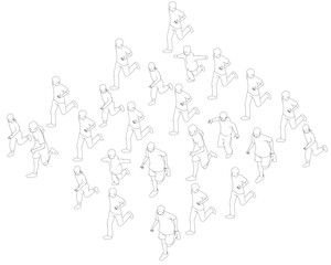 Outline of running people from black lines isolated on white background. Men, women and children running. Isometric view. Vector illustration. 3D