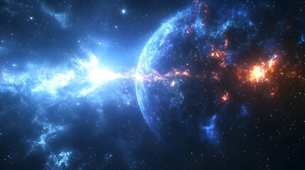 Obraz premium A blue nebula with a bright orange explosion in space.