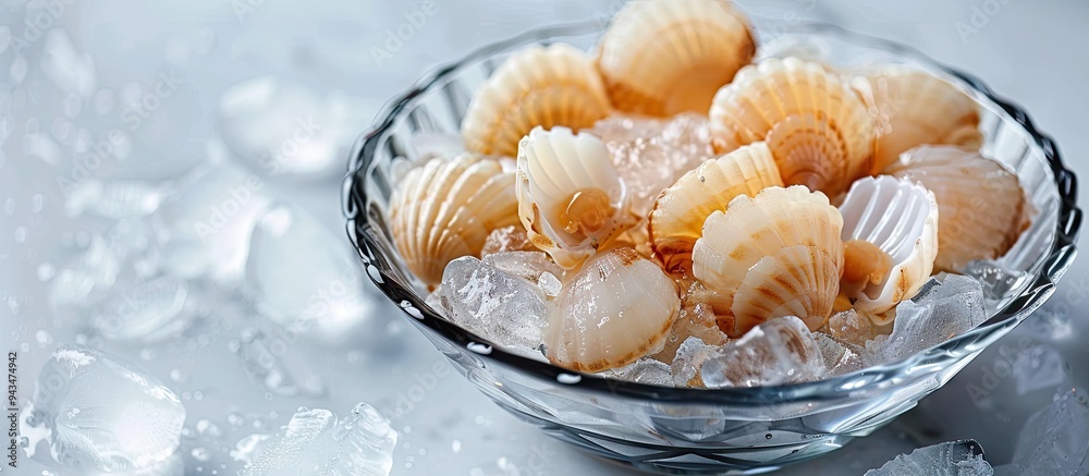 Poster Fresh scallops on ice isolated on a white background for text with copy space image