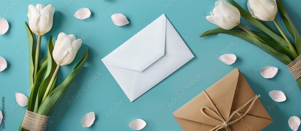 Poster gift box and white tulips over a turquoise background with an envelope containing a blank card for a