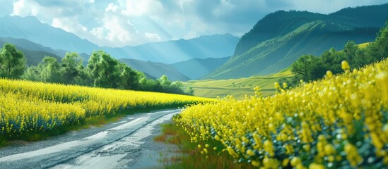Scenic road cutting through vibrant yellow rapeseed field surrounded by blooming meadows with green mountains in the background providing a copy space image