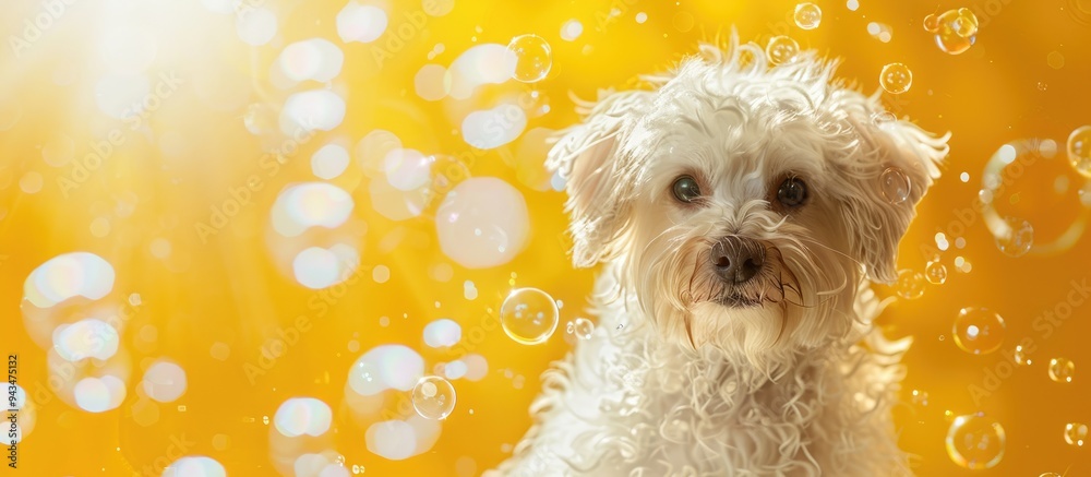Poster maltese dog with soap bubbles on a yellow backdrop perfect for a copy space image
