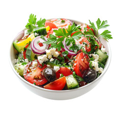 greek salad with feta cheese isolated on white background
