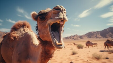 camels standing in the sand desert sahara, funny camel open mouth laughing.