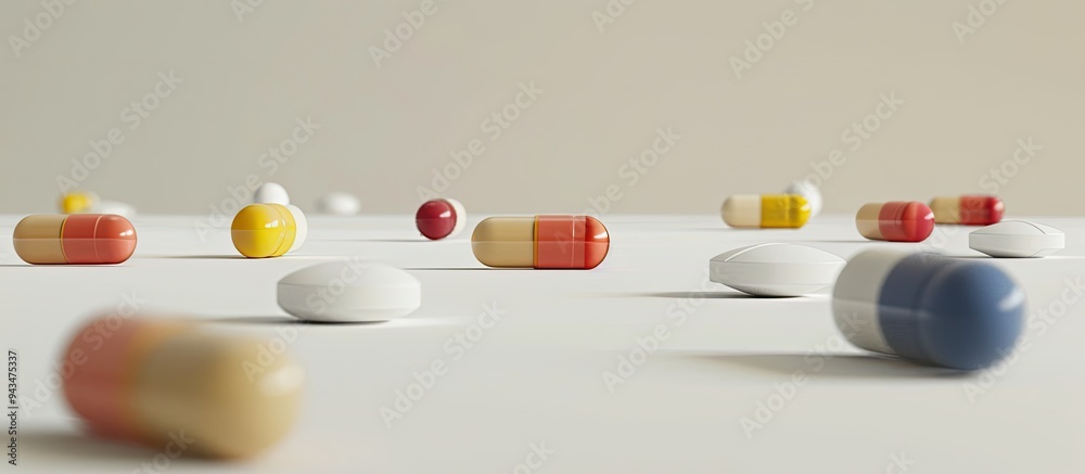 Poster various pills and capsules arranged on a white surface next to a copy space image