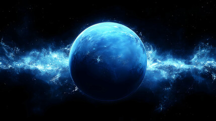 A blue planet in a dark, starry sky with bright blue nebulae surrounding it.