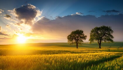 beautiful scenery with field and two trees sunset sun in the sky clouds