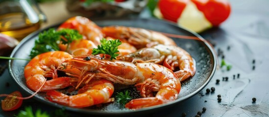 Shrimp and vegetables on a plate in a restaurant setting with copy space image