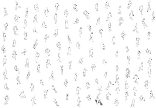 Set with people outlines in different positions from black lines isolated on white background. Men, women and children walking, running, standing, sitting. Isometric view. Vector illustration. 3D