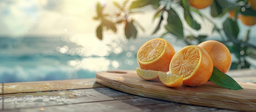 Poster Oranges on a wooden cutting board placed on a summer themed table with a blurred seascape backdrop offering a summer ambiance for product presentation with ample copy space for images
