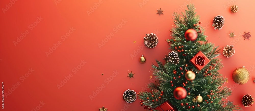 Leinwandbilder top view of a small christmas tree adorned with decorations on a colored background leaving space fo