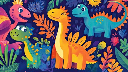 Fototapeta premium Cartoon dinosaurs wallpaper in bright, vibrant colors, creating an exciting and playful environment for children.