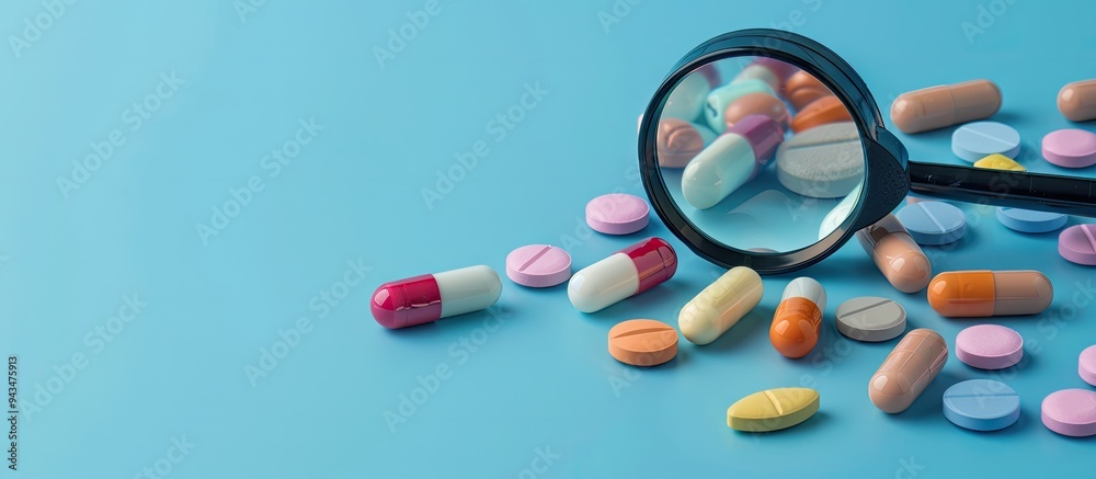 Aufkleber Magnifier next to assorted pills on a blue backdrop with copy space image