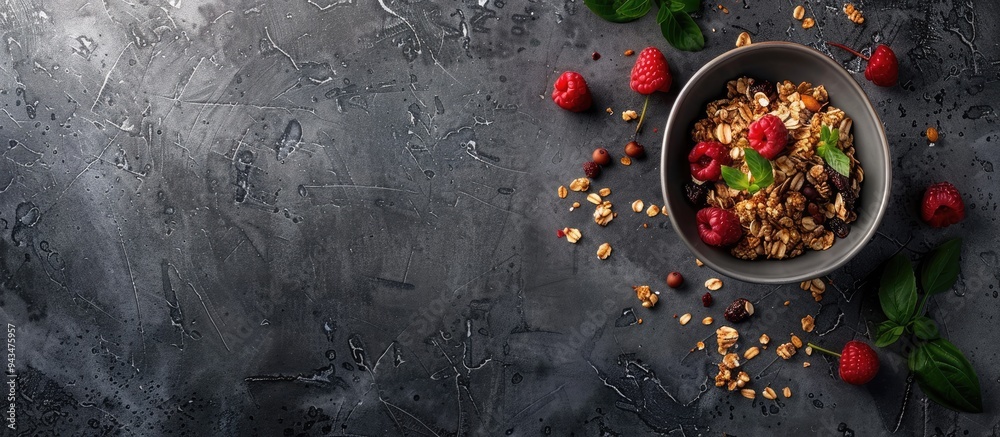 Poster flat lay of delicious granola topped with fresh fruits on a grey surface with available copy space i