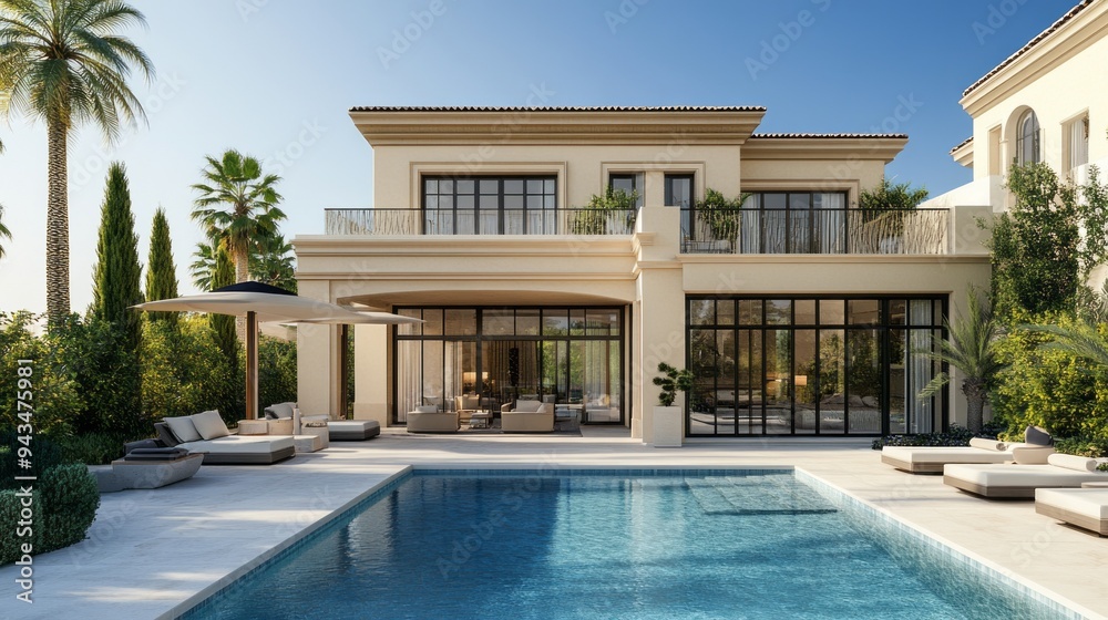 Poster a large house with a pool and a patio