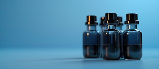 Dark glass ampoules sit against a blue backdrop representing healthcare and medicine With a focus on injectable dosage forms the image offers copy space for ads and promotes the pharma business on Wo