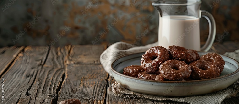 Poster chocolate and corn cereal rings on a plate with milk set against a wooden rustic backdrop offering a