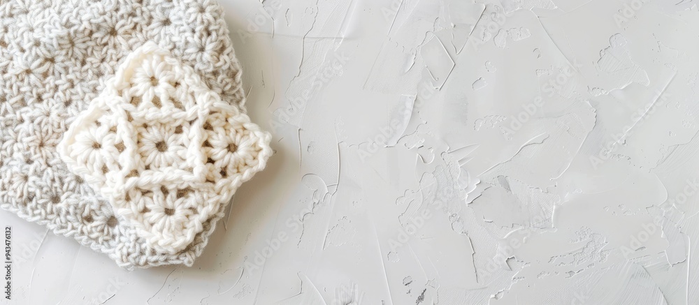 Poster Crocheted granny square on a white backdrop with a textured pattern providing copy space image