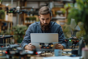 Equipment repair. Drone production. Close up of quadcopter drone with action camera on workstation in tech repair shop, copy space.
