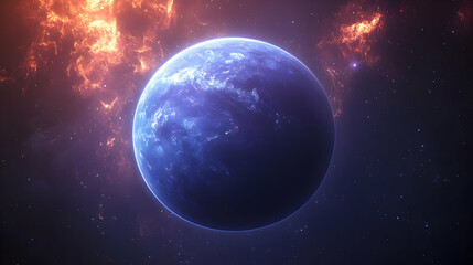 Naklejka premium A blue planet in space with a red nebula behind it.