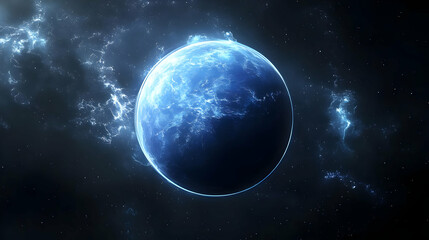 Obraz premium A blue planet in space with stars and nebulas in the background.