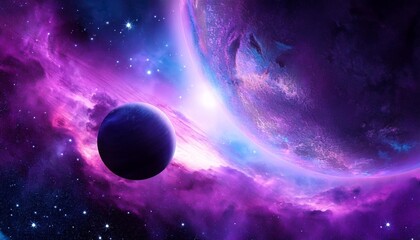 ethereal cosmic scene with purple nebula and planet in deep space perfect for sci fi and fantasy...