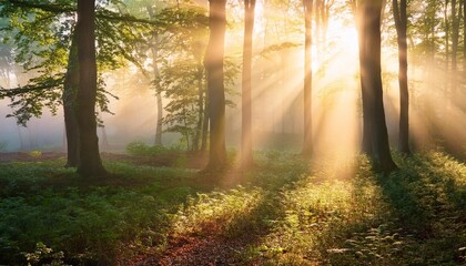 Obraz premium beautiful natural forest of beech and oak trees with sunbeams through fog at dawn